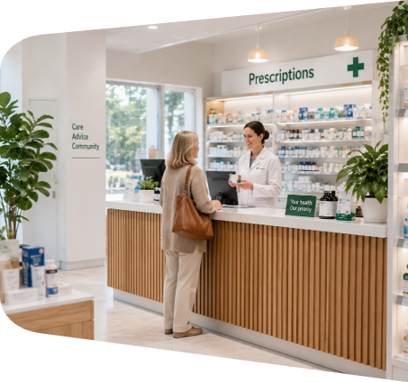 Pharmacist serving a customer at the prescriptions counter